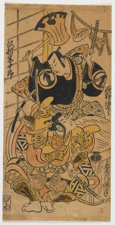 Die Schauspieler Ogino Isaburo als Soga no Goro und Sawamura Sojuro I als Kudo no Suketsune, Edo-Zeit, 1732 von Torii Kiyomasu II